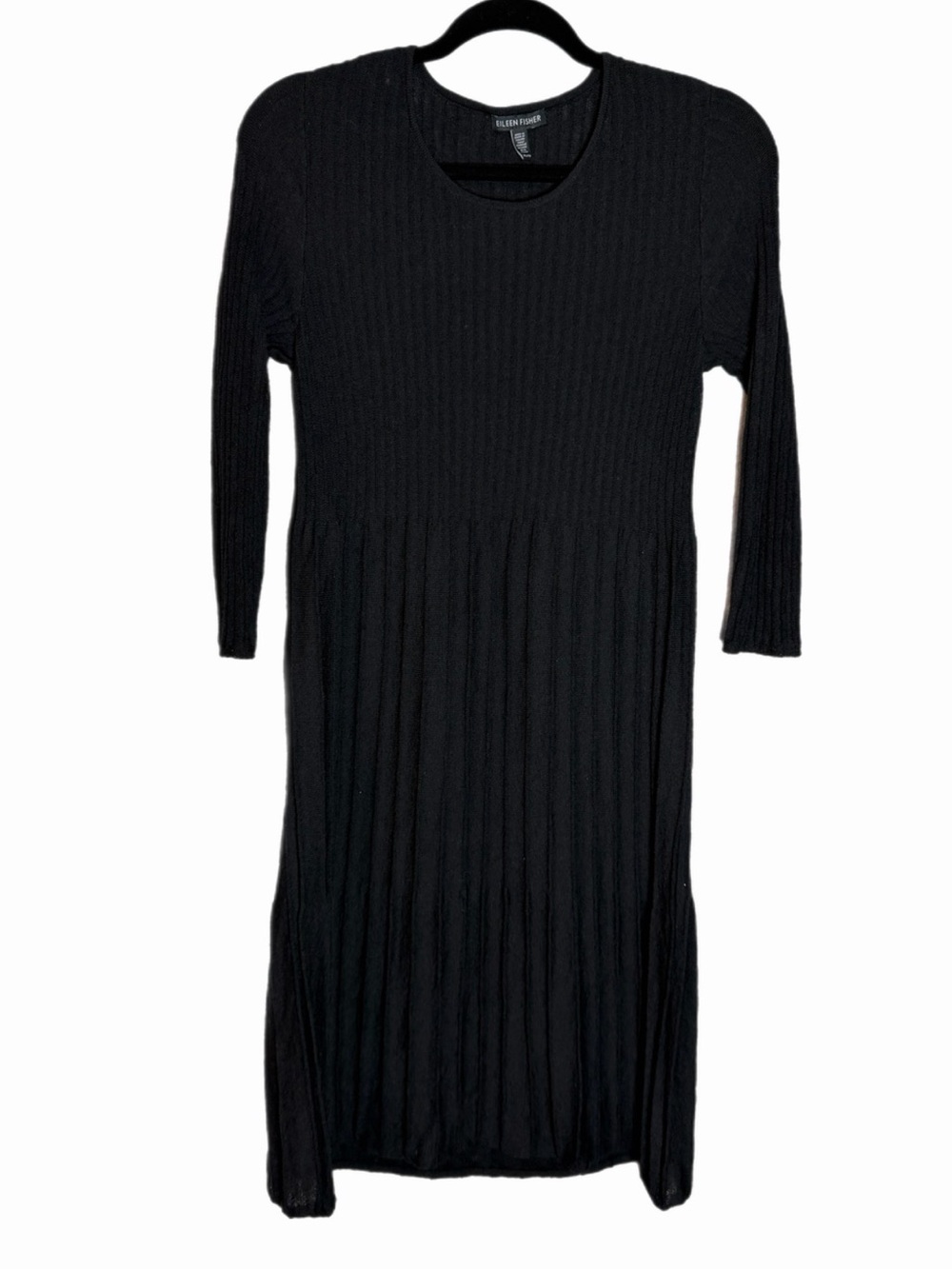 Eileen Fisher 100% Wool Black Pleated 3/4 Sleeve Midi Dress Size XS